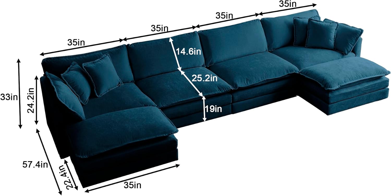 U Shaped Convertible Modular Sectional Sofa with Movable Ottomans, 5-Seater Deep Seat Chenille Upholstered Sleeper Sofa Y222