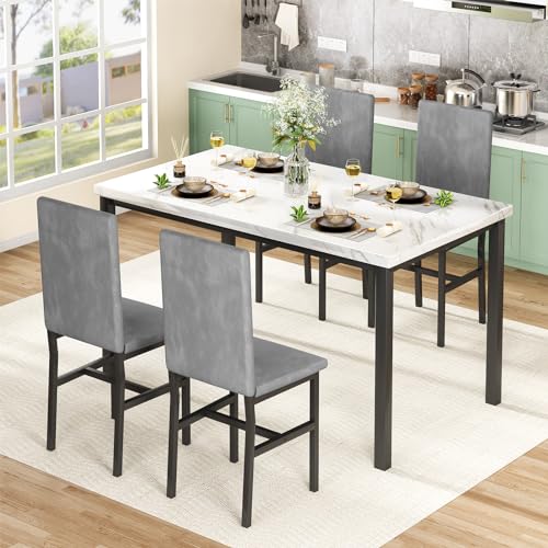 Dining Table Set for 4 with Faux Marble Tabletop and 4 PU Leather Chairs J936