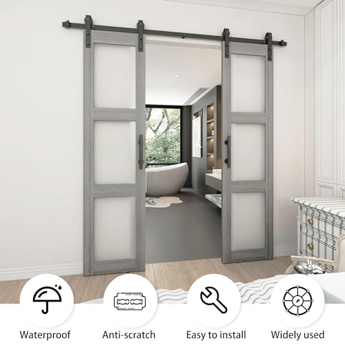 White 3-Panel Frosted Glass Solid Wood Barn Door with Sliding Door Hardware Kit O102254