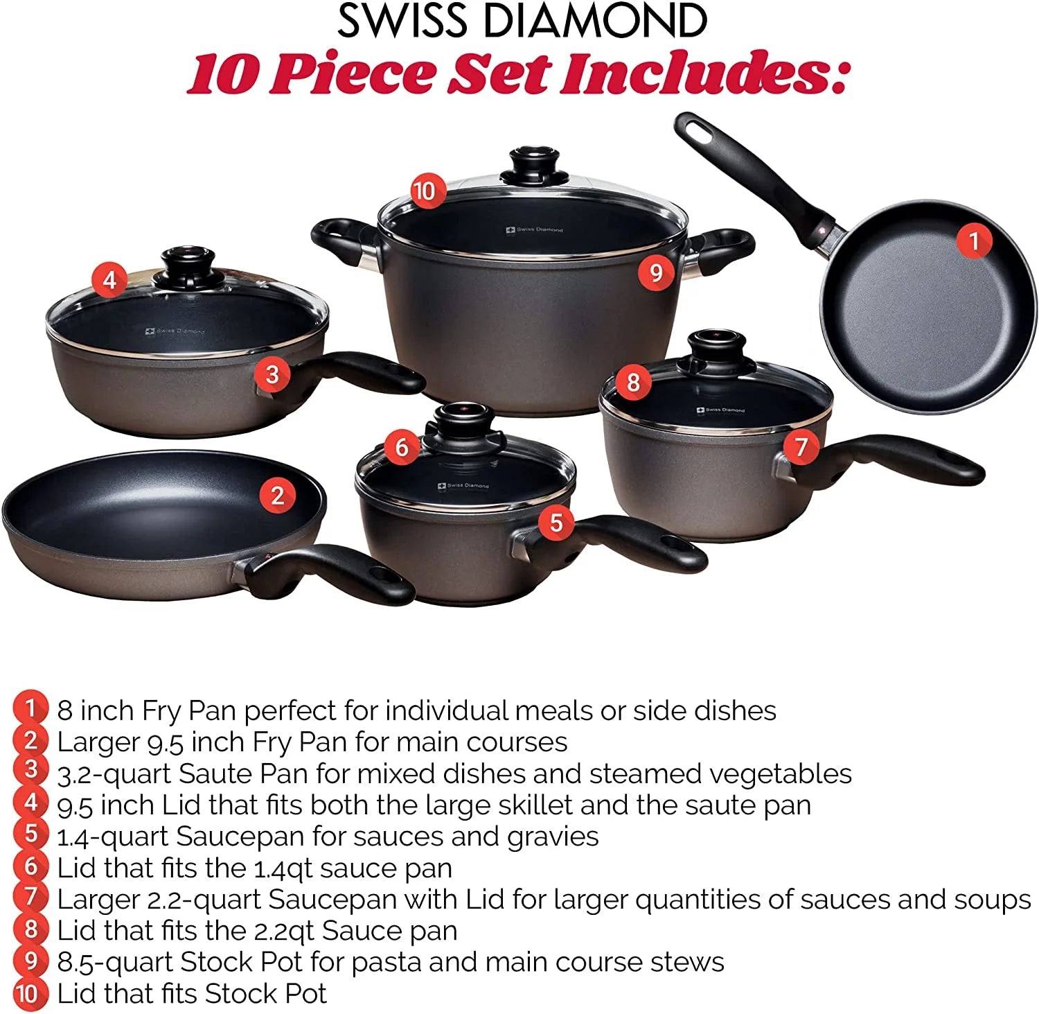 10 Piece Nonstick Diamond Coated Aluminum Cookware Set G996029
