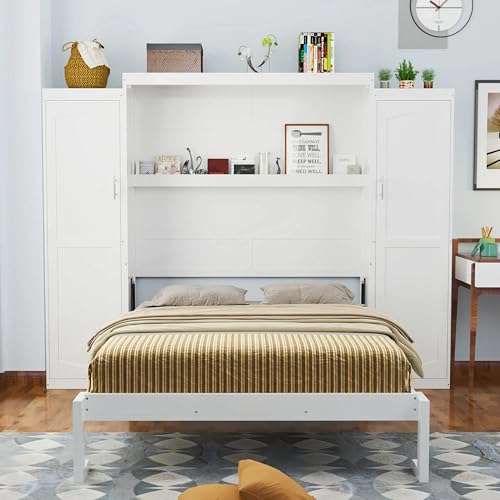 White Queen Size Foldable Platform Bed with 2 Wardrobe and Storage Shelf D68894