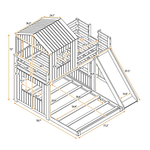 White Twin Over Full Size Wooden Bunk Beds with Slide J48714