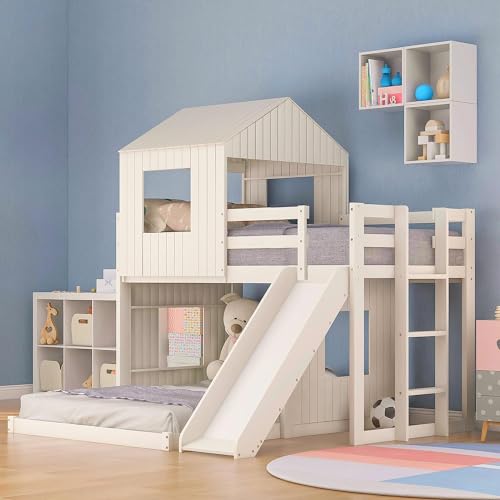 White Twin Over Full Size Wooden Bunk Beds with Slide J48714