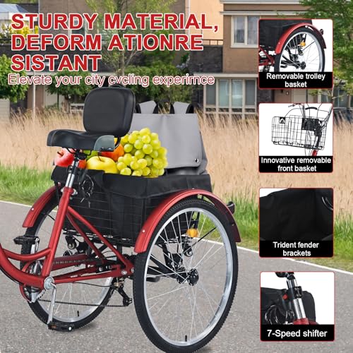 26 inch 7 Speed Adult Tricycle with Front & Rear Baskets O88173