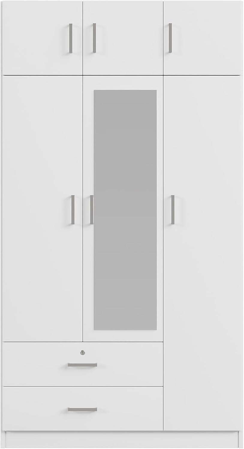 White 3-Door Mirror Wardrobe Closet with 2 Drawers F5635