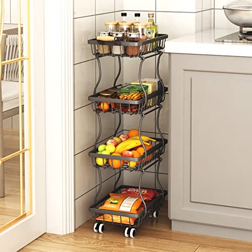 4 Tier Slim Metal Wire Fruit Basket on Wheels Z6760