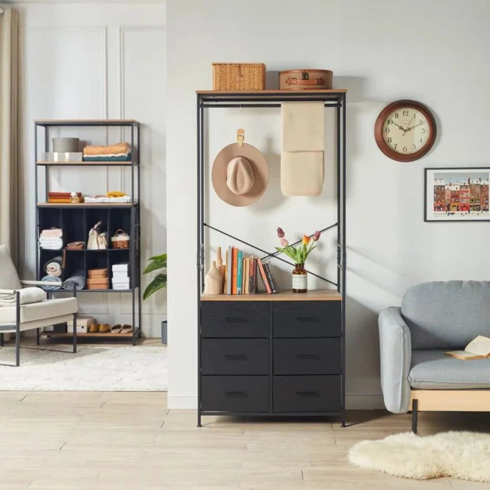 Freestanding Clothing Rack with Hanging Rod and 6 Drawer Wooden Wardrobe Armoire Y7027