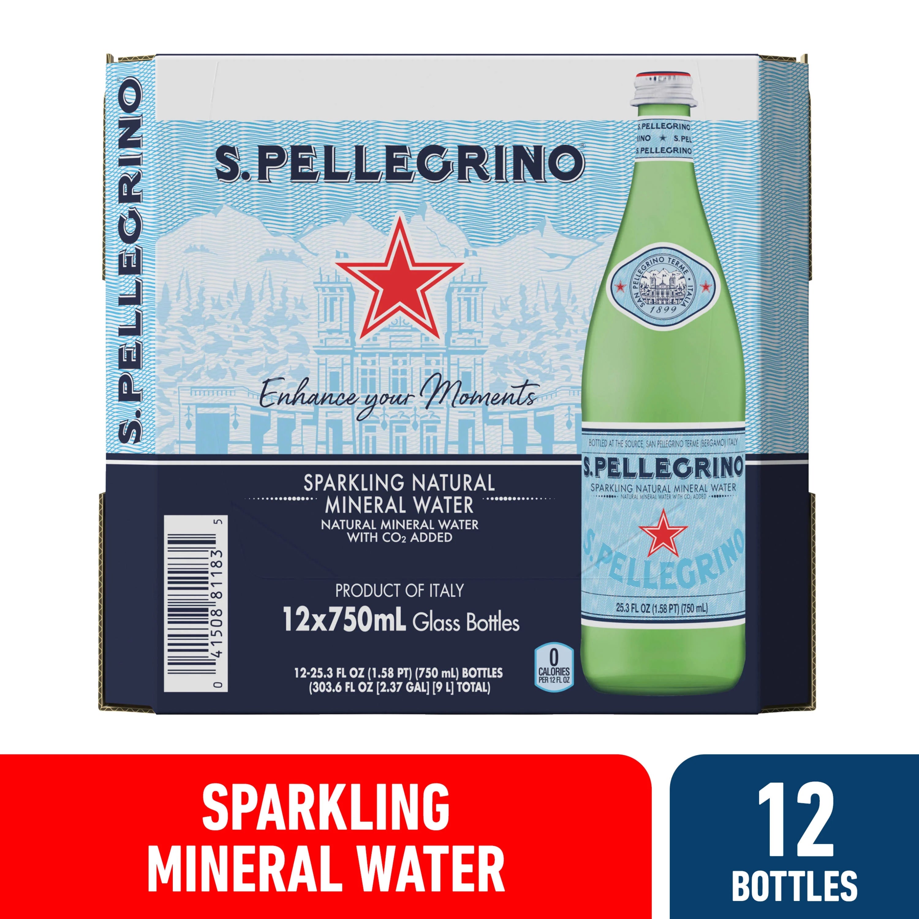 Sparkling Natural Mineral Water, 303.6 fl oz, 12 Pack Glass Bottles Q888744