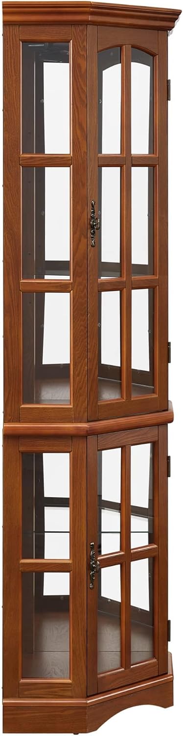 Curio Cabinet with Glass Doors, 5 Shelves, Lighting System, Oak Z375