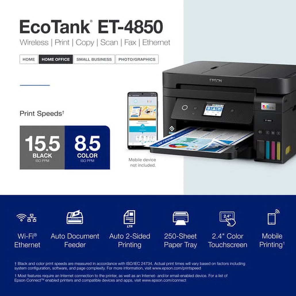 EcoTank ET-4850 Wireless All-in-One Supertank Printer with Scanner, Copier, Fax, ADF and Ethernet K404