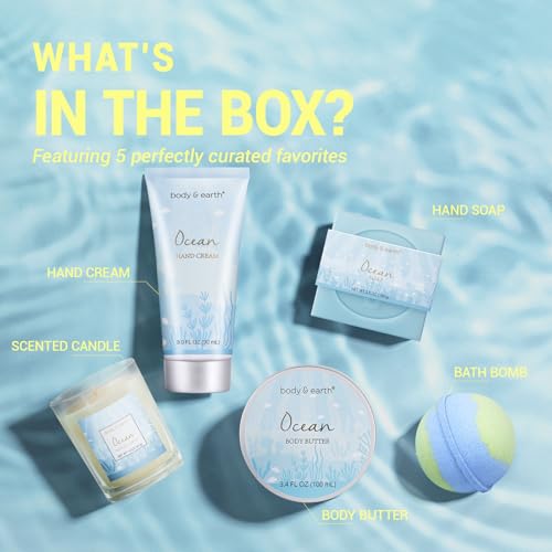 5 Pcs Ocean Scented Bath Gift Set with Candle Body Butter Hand Cream Bath Bomb S8833