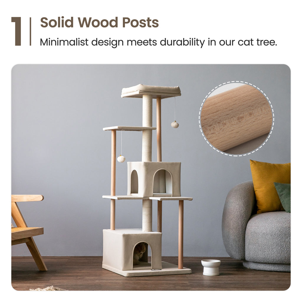 Beige Multi-Level Wood Cat Tree with 2 Condos and Perch Y966