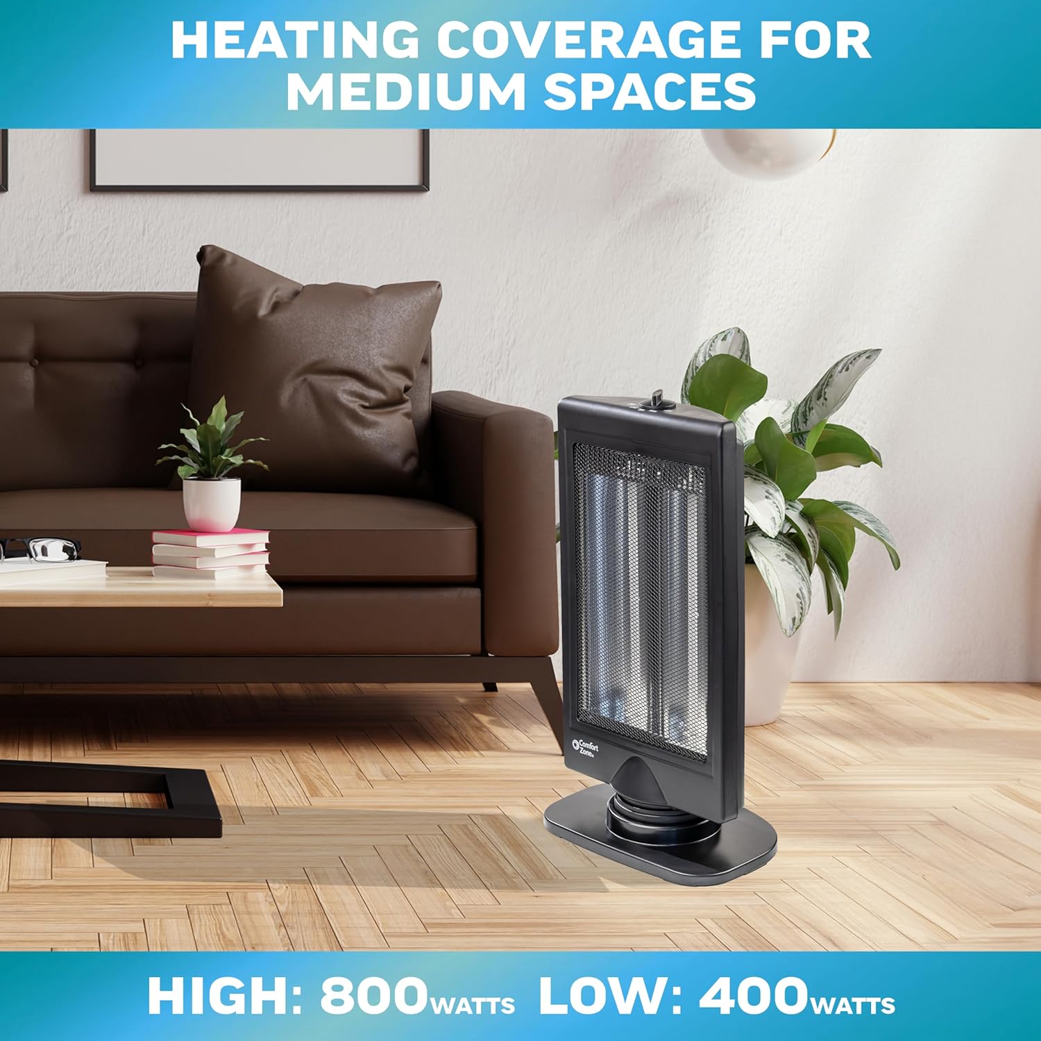 Oscillating Portable Space Heater, Flat Panel, Halogen, Infrared, Electric, 800W C8976