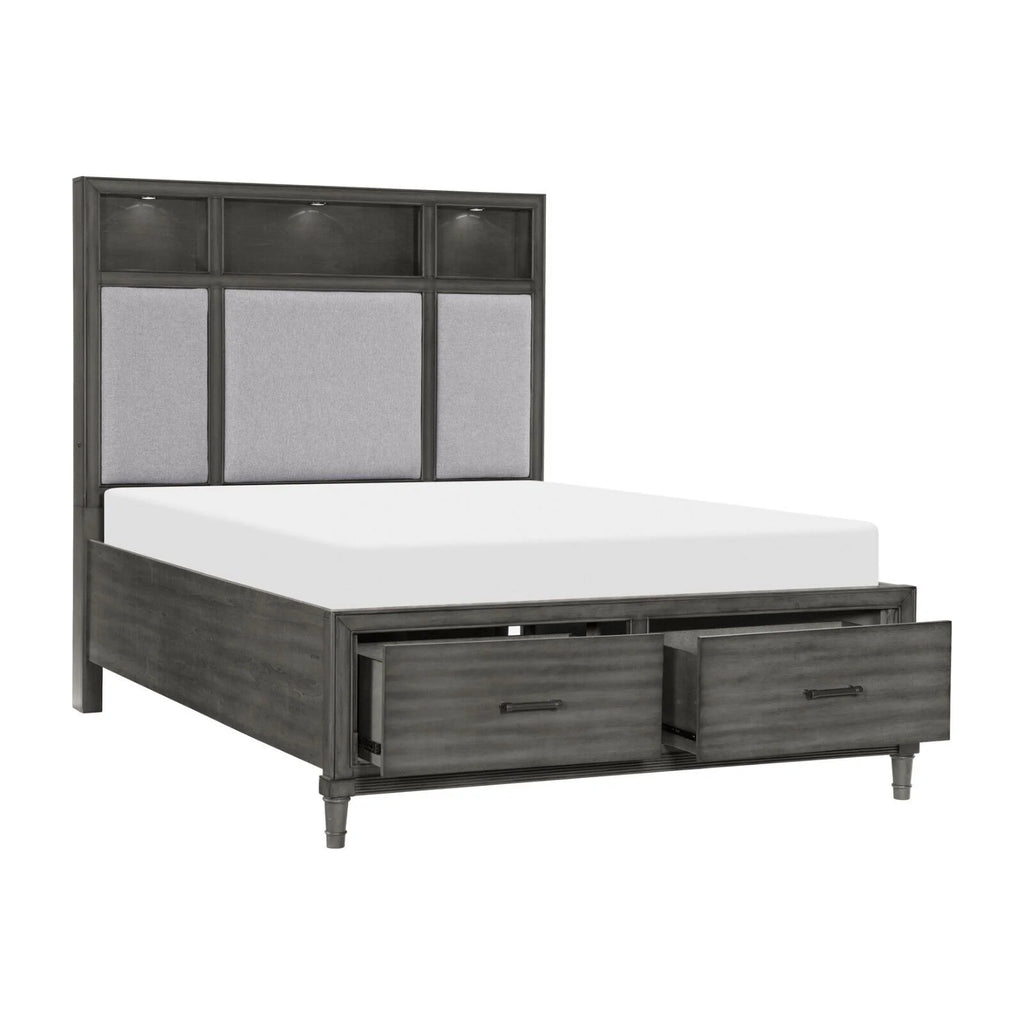 Queen Size Platform Bed with Storage USB Port Bookshelves LED Light Headboard G7376