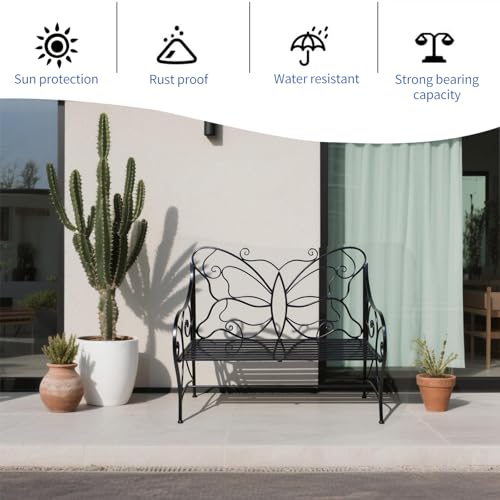 Black Cast Iron Metal Outdoor Bench with Armrests W314