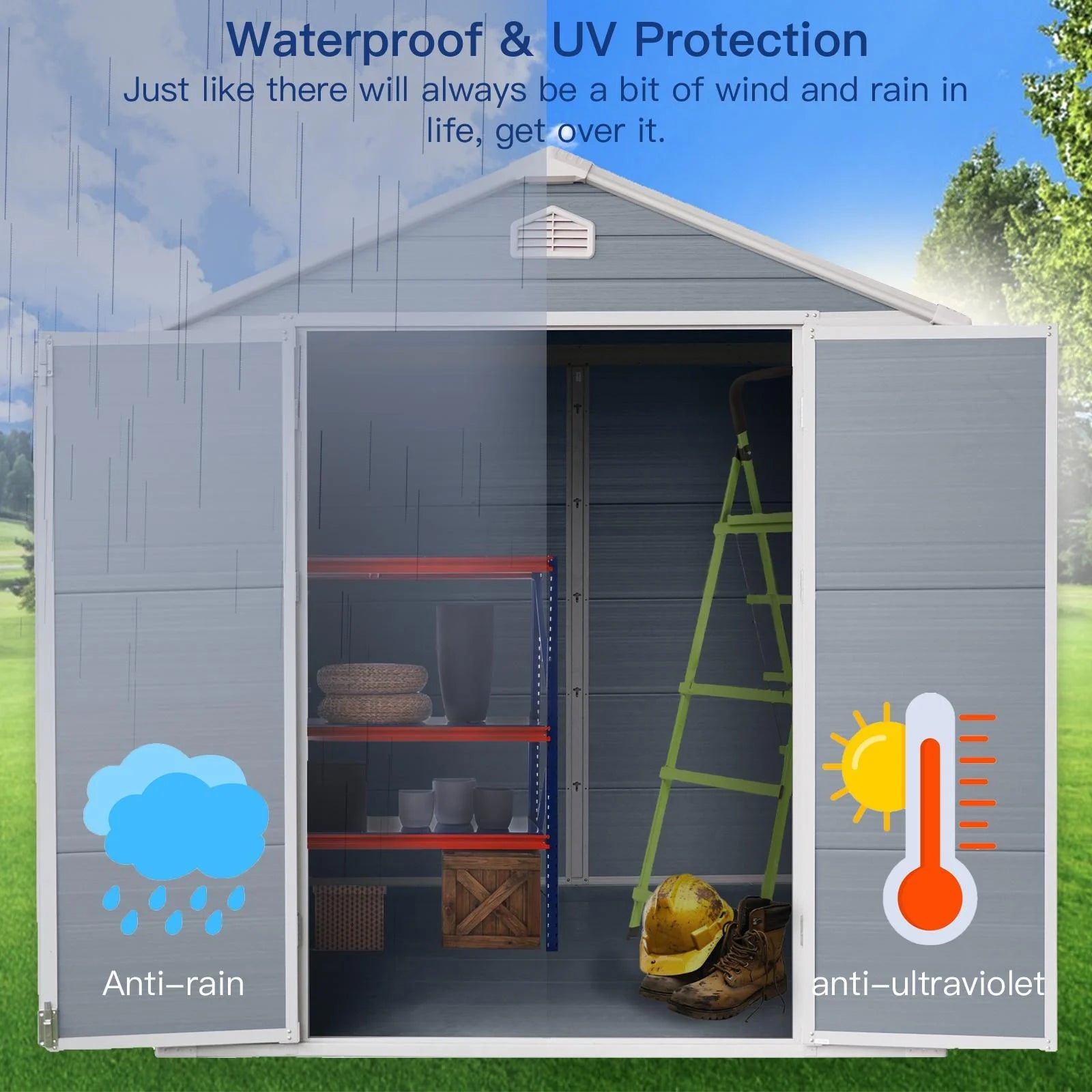 Gray 8' x 6' Outdoor Resin Storage Shed with Lockable Door A73292