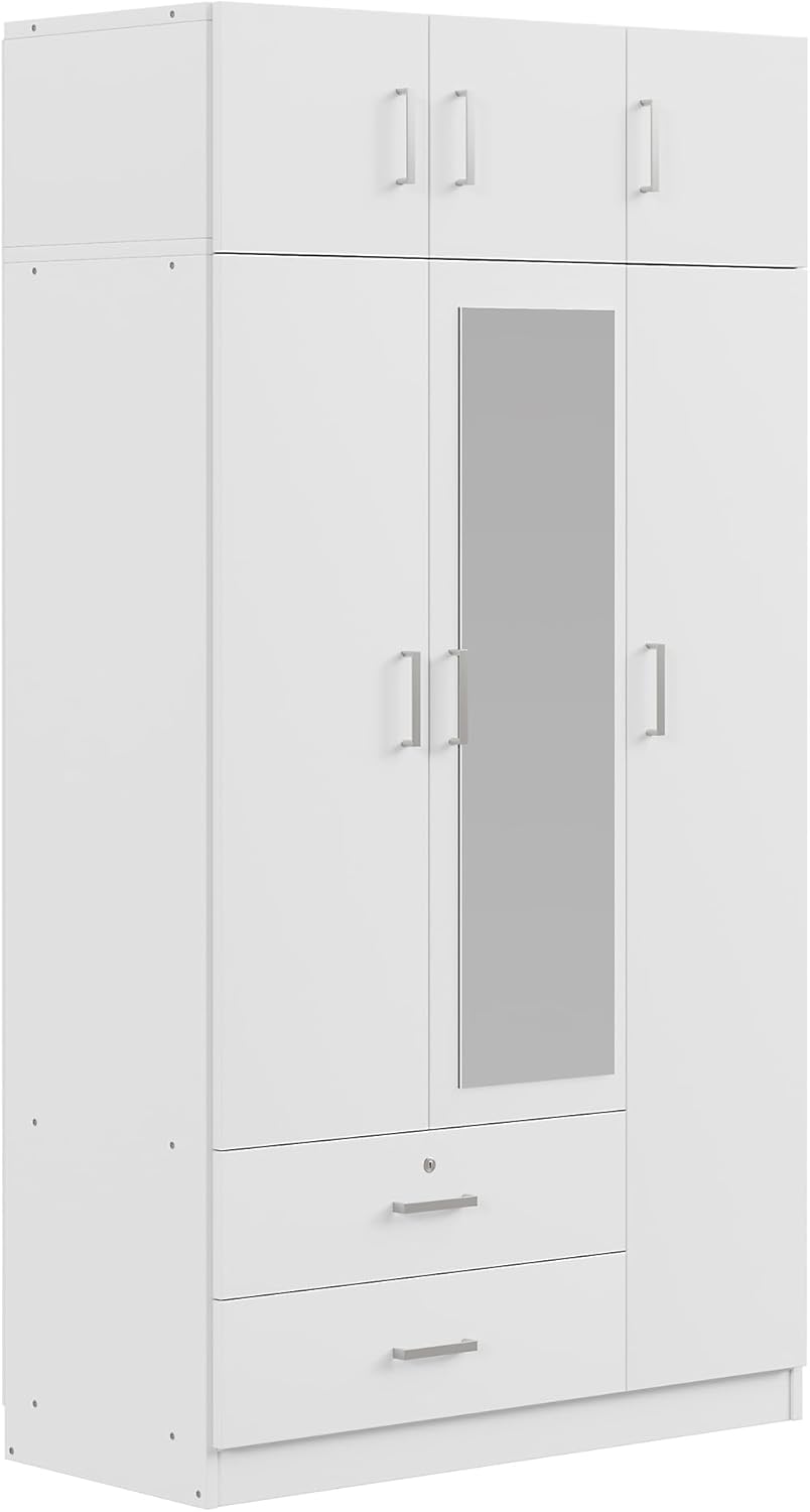 White 3-Door Mirror Wardrobe Closet with 2 Drawers F5635