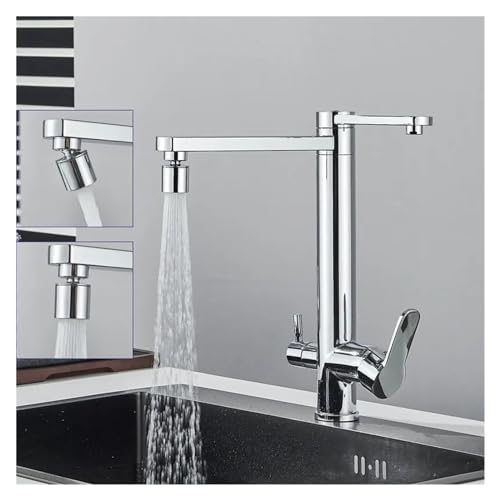 Chrome Dual Handles Cold Hot Water Mixer Tap Filter 2 Spouts Rotation Kitchen Faucet I1835