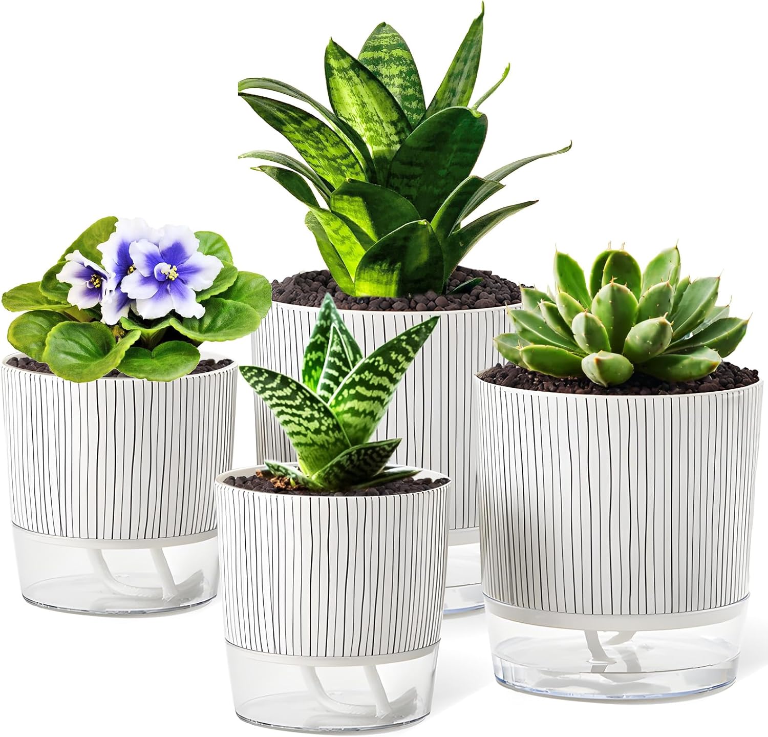 4 Pack Self Watering Pots, 4.3+5.5 Inch Planter Pot with Wick Rope and Reservoir S17573
