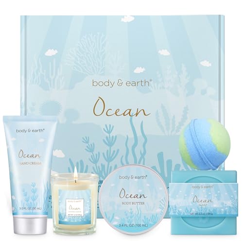 5 Pcs Ocean Scented Bath Gift Set with Candle Body Butter Hand Cream Bath Bomb S8833