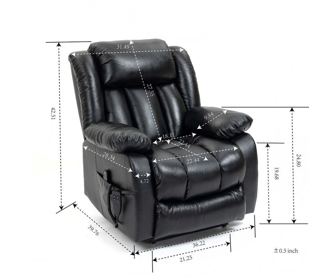 Oversized Black Leather Power Lift Recliner Chair with 8-Point Vibration Massage Lumbar Heating F854