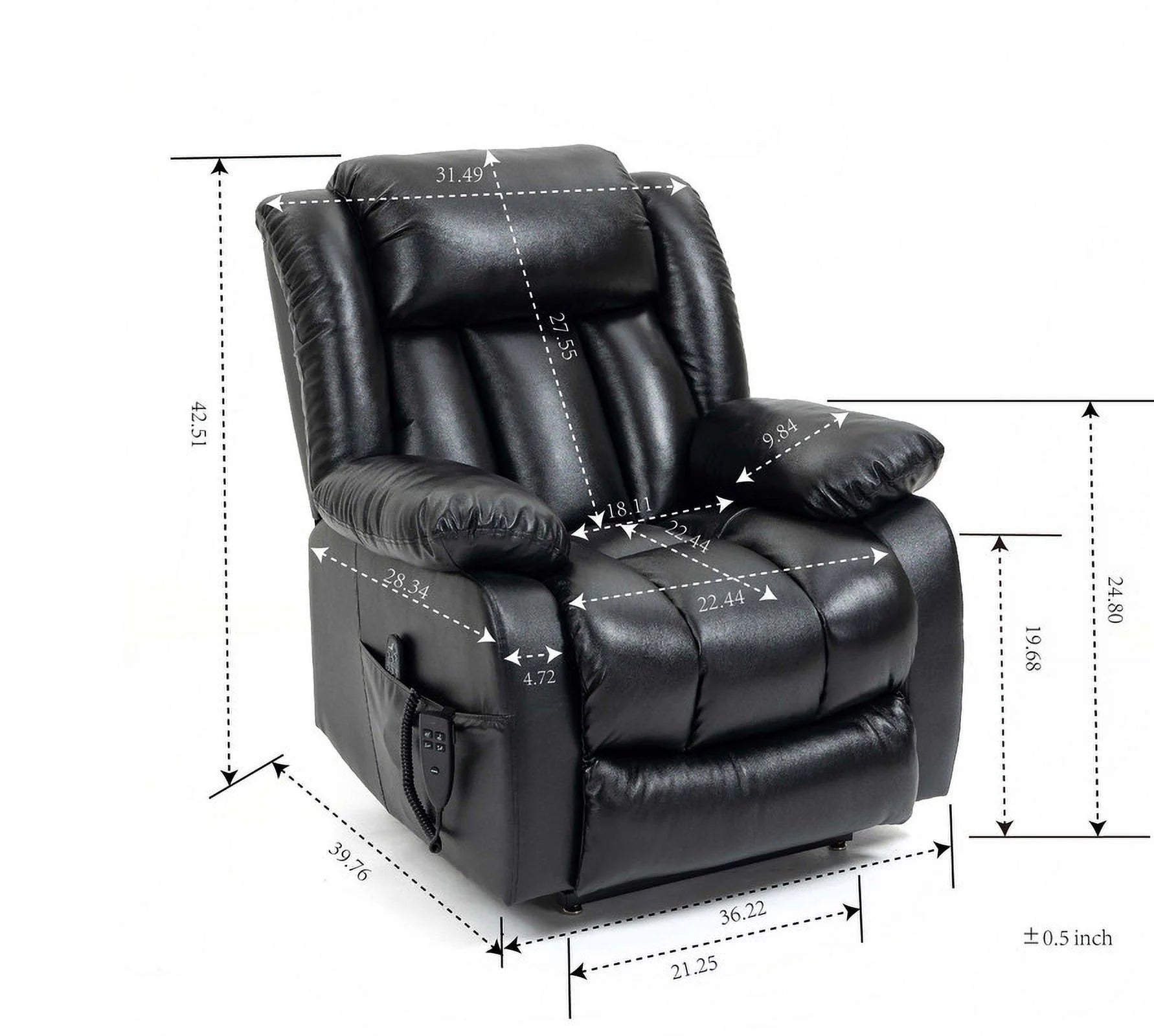 Oversized Black Leather Power Lift Recliner Chair with 8-Point Vibration Massage Lumbar Heating F854