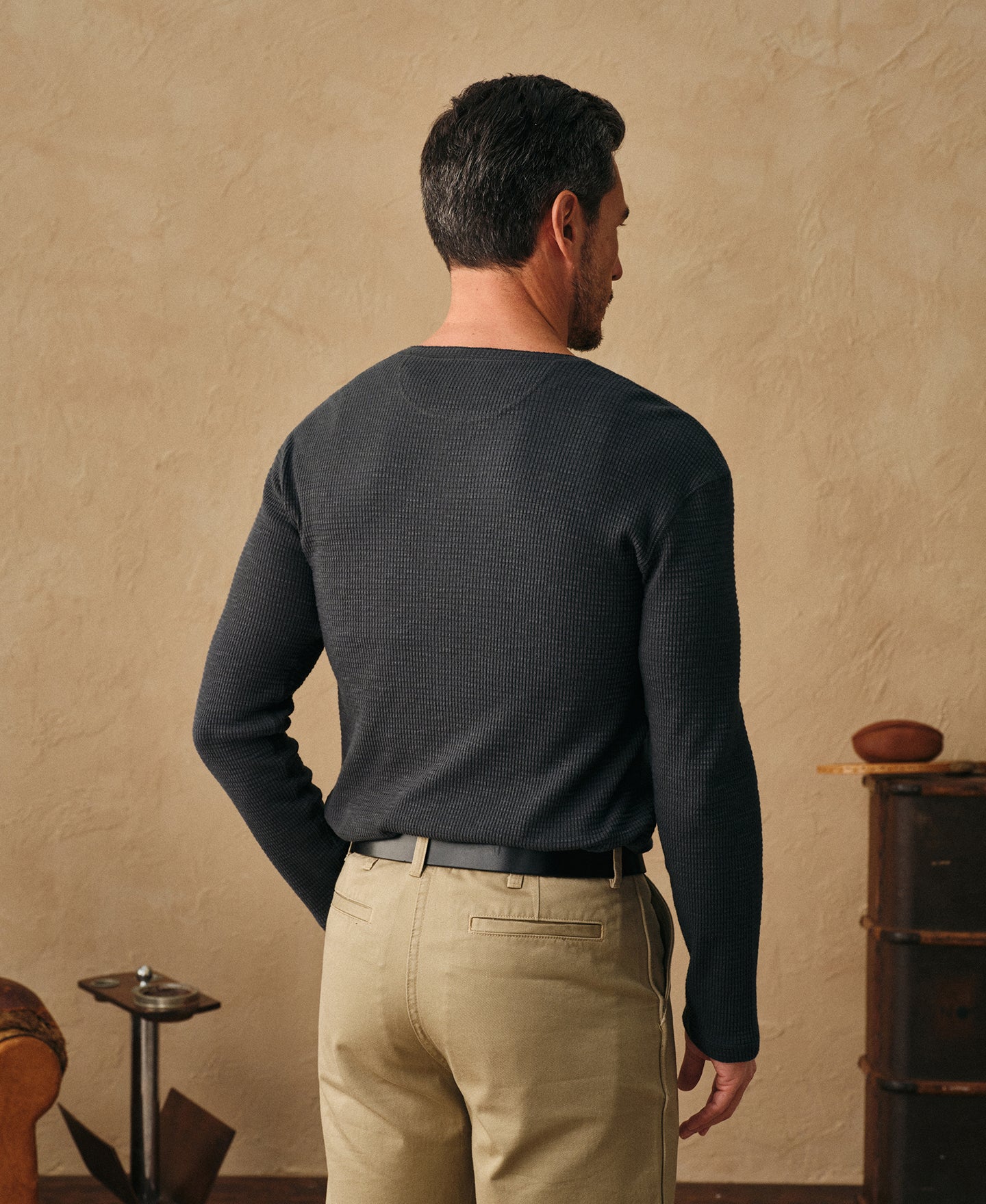 Honeycomb Waffle Knit Henley Long Sleeve T-Shirt
