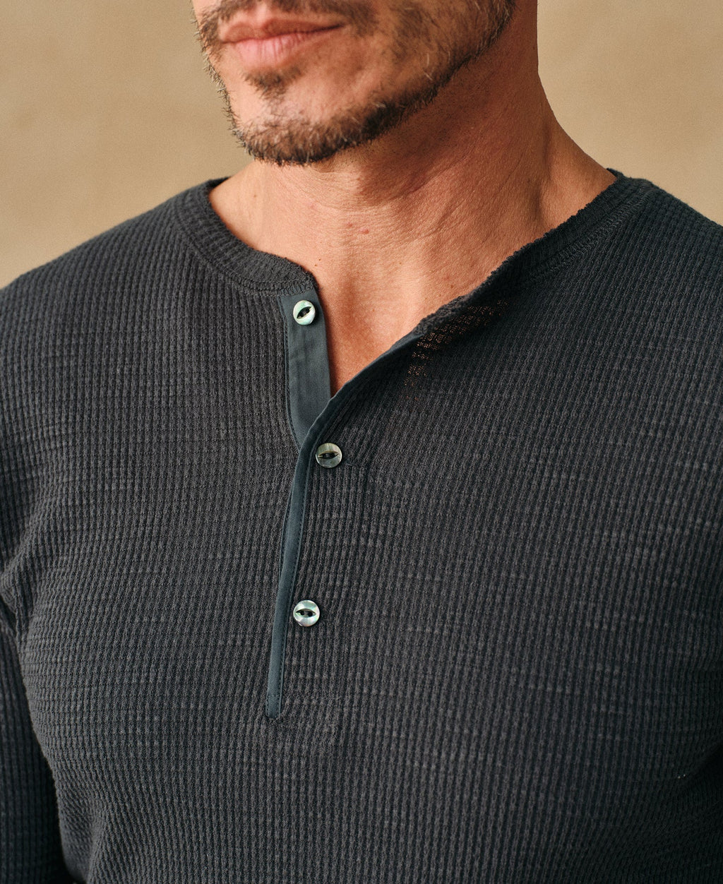 Honeycomb Waffle Knit Henley Long Sleeve T-Shirt