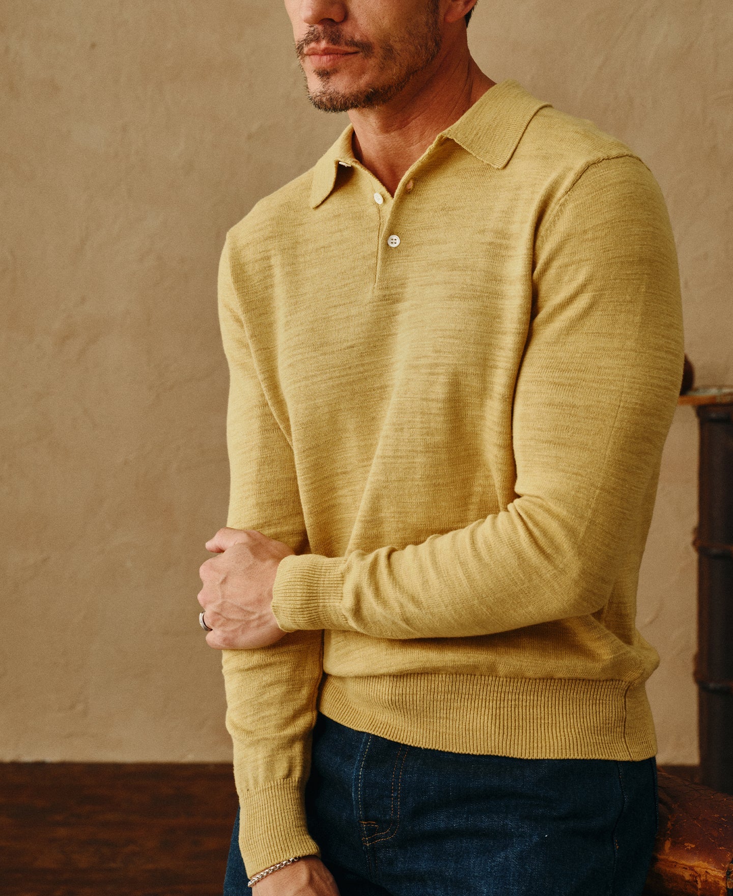 Slub Cotton Long Sleeve Knit Polo