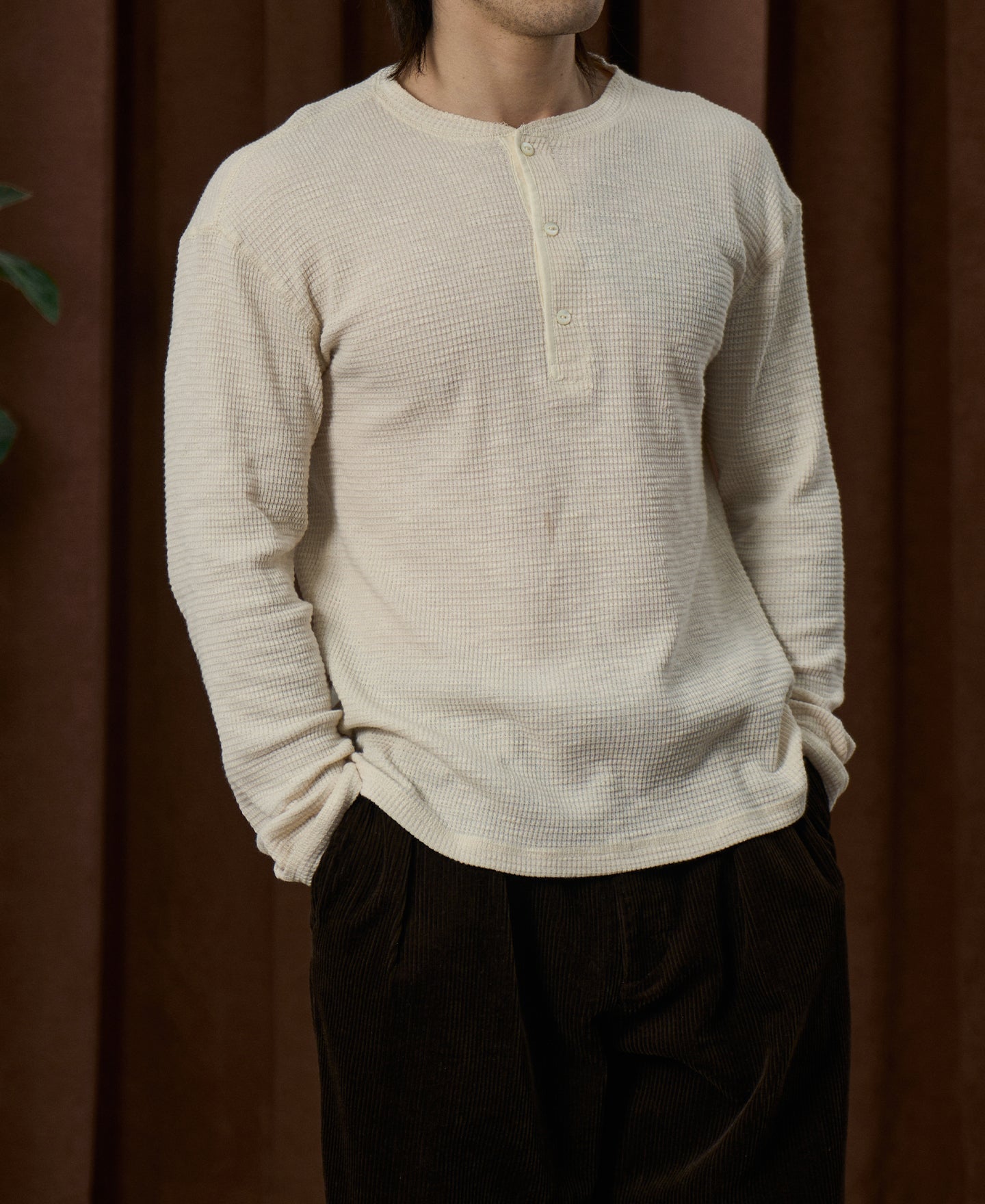 Honeycomb Waffle Knit Henley Long Sleeve T-Shirt